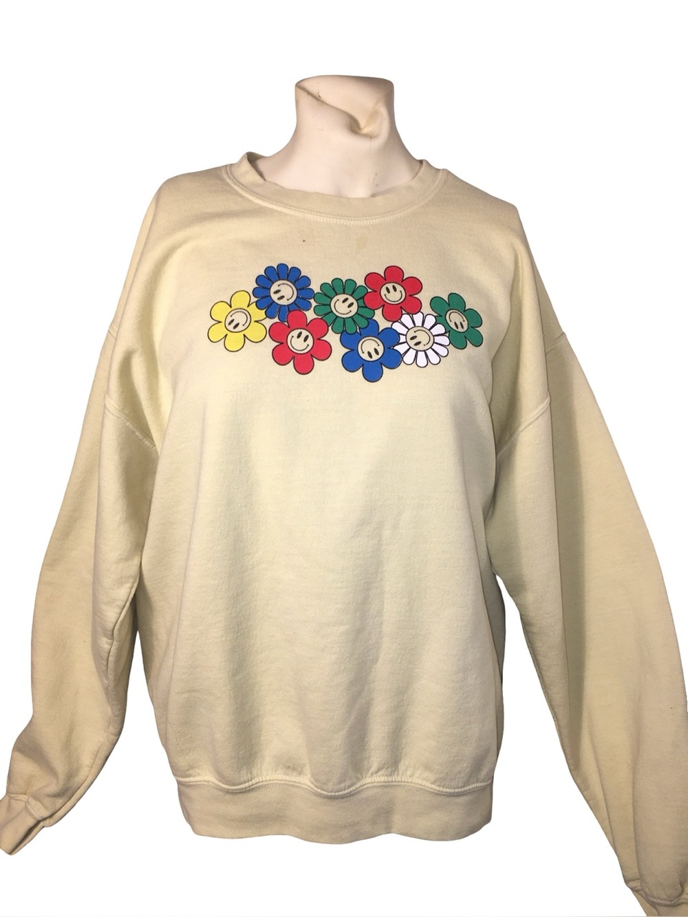 Smiley Flower Graphic Crewneck Sweatshirt - Cream
